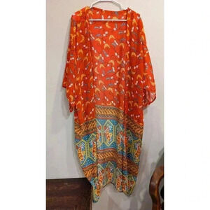 Women's short sleeve orange and teal wrap/jacket aprox size L